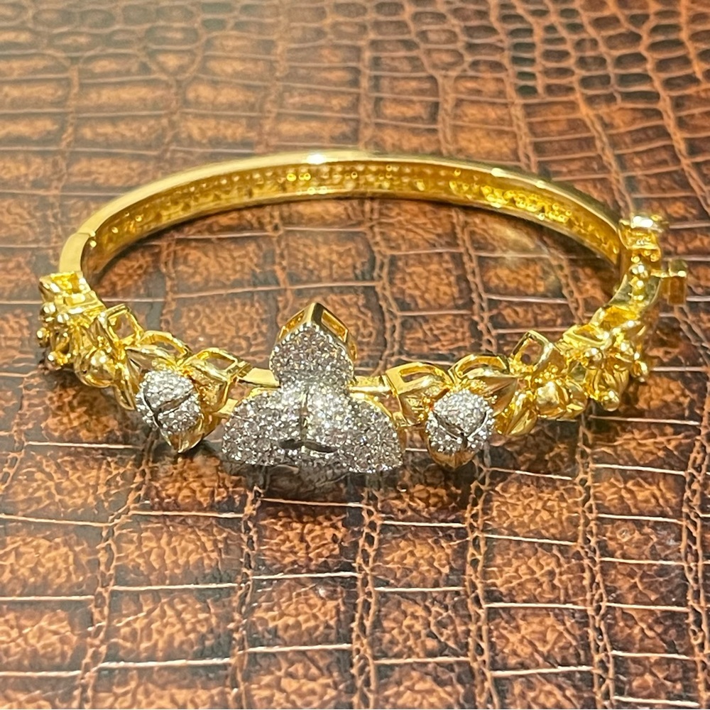 Elegant Floral Pave Diamond-Style Gold Tone Bangle Bracelet